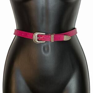 VINTAGE 80s 90s PINK SILVER LEATHER SKINNY BELT WESTERN BOHO EMBOSSED SIZE S M